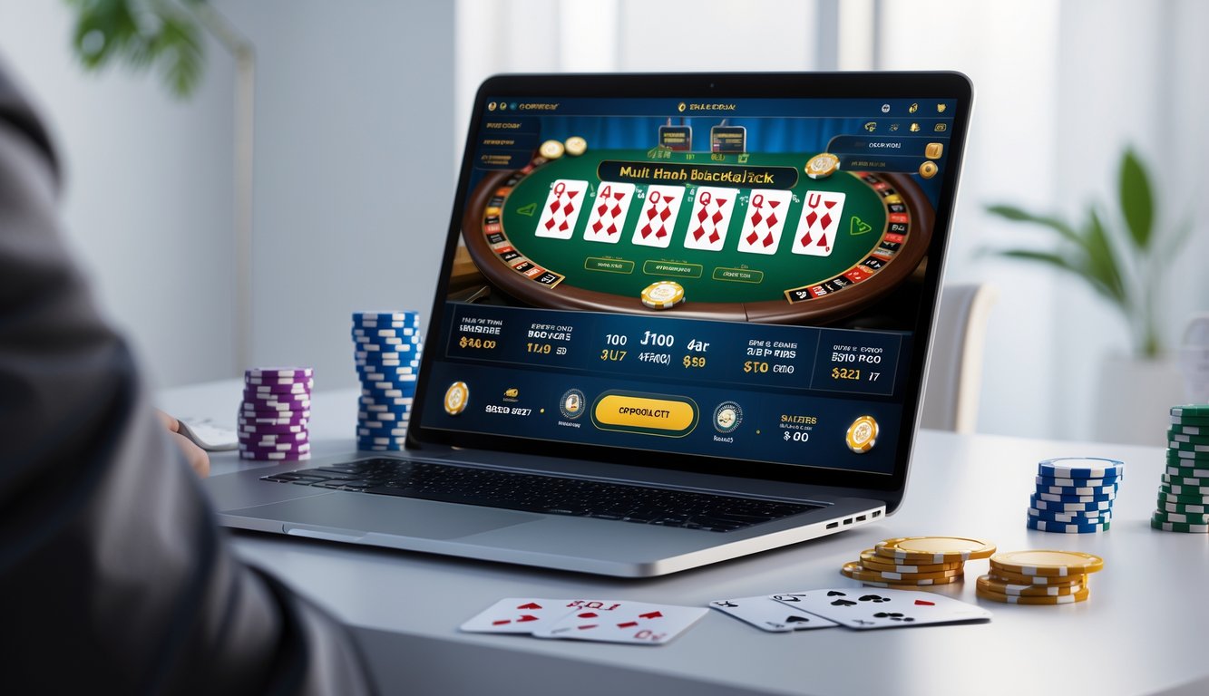 Seseorang bermain multi-hand blackjack online di depan komputer dengan chip poker dan kartu di meja.