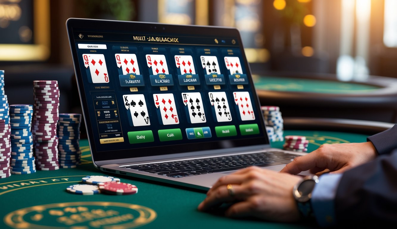 Seseorang bermain blackjack online dengan beberapa tangan kartu di layar komputer dan chip taruhan di meja.