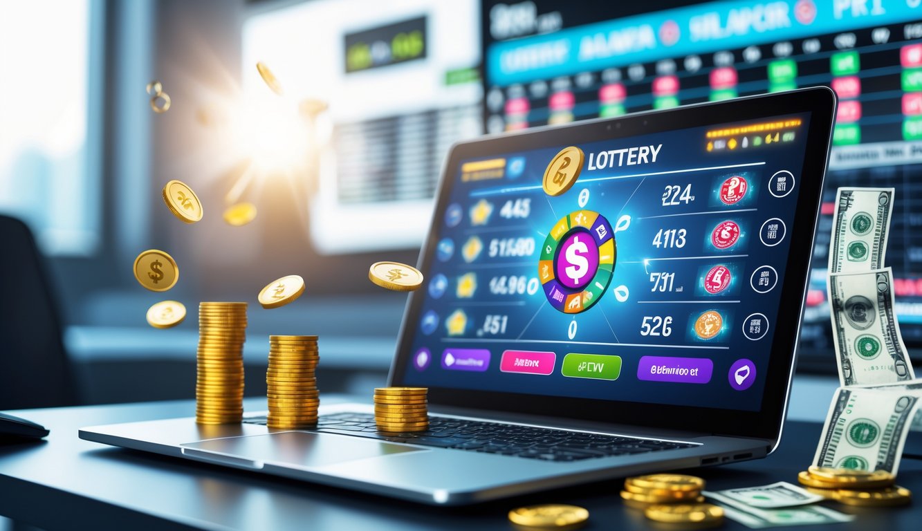 Seorang pria duduk di depan laptop dengan tampilan layar lotere online, dikelilingi oleh tiket lotere dan koin, menggambarkan suasana kemenangan jackpot lotere online.