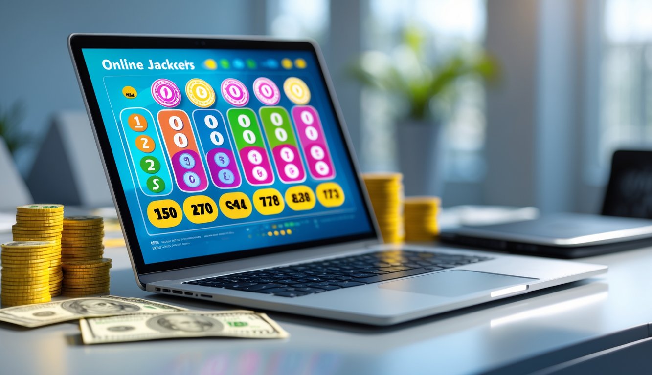 Sebuah meja kerja modern dengan laptop yang menampilkan angka togel dan ikon jackpot, dikelilingi oleh tiket dan uang di atas meja.