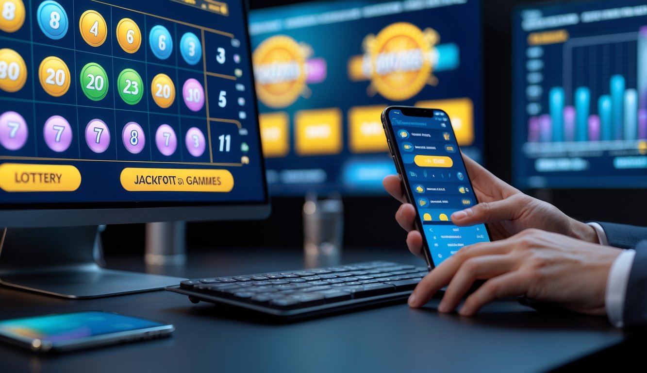 Seseorang menggunakan ponsel dan komputer untuk bermain togel online dengan tampilan angka dan grafik jackpot di layar.