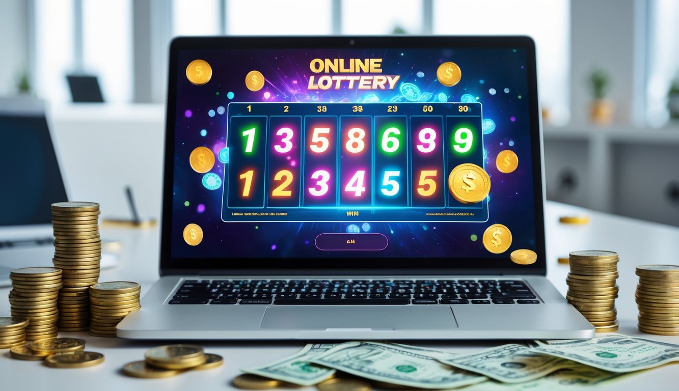 Seorang laptop di atas meja kantor dengan layar menampilkan antarmuka lotere online dan beberapa koin serta uang di sekitarnya.