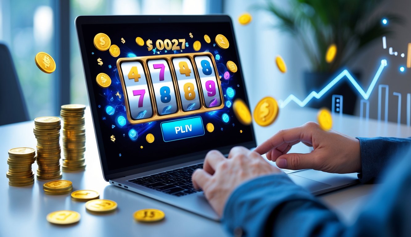 Seseorang menggunakan komputer dengan tampilan permainan togel online jackpot dan simbol uang di sekitarnya.