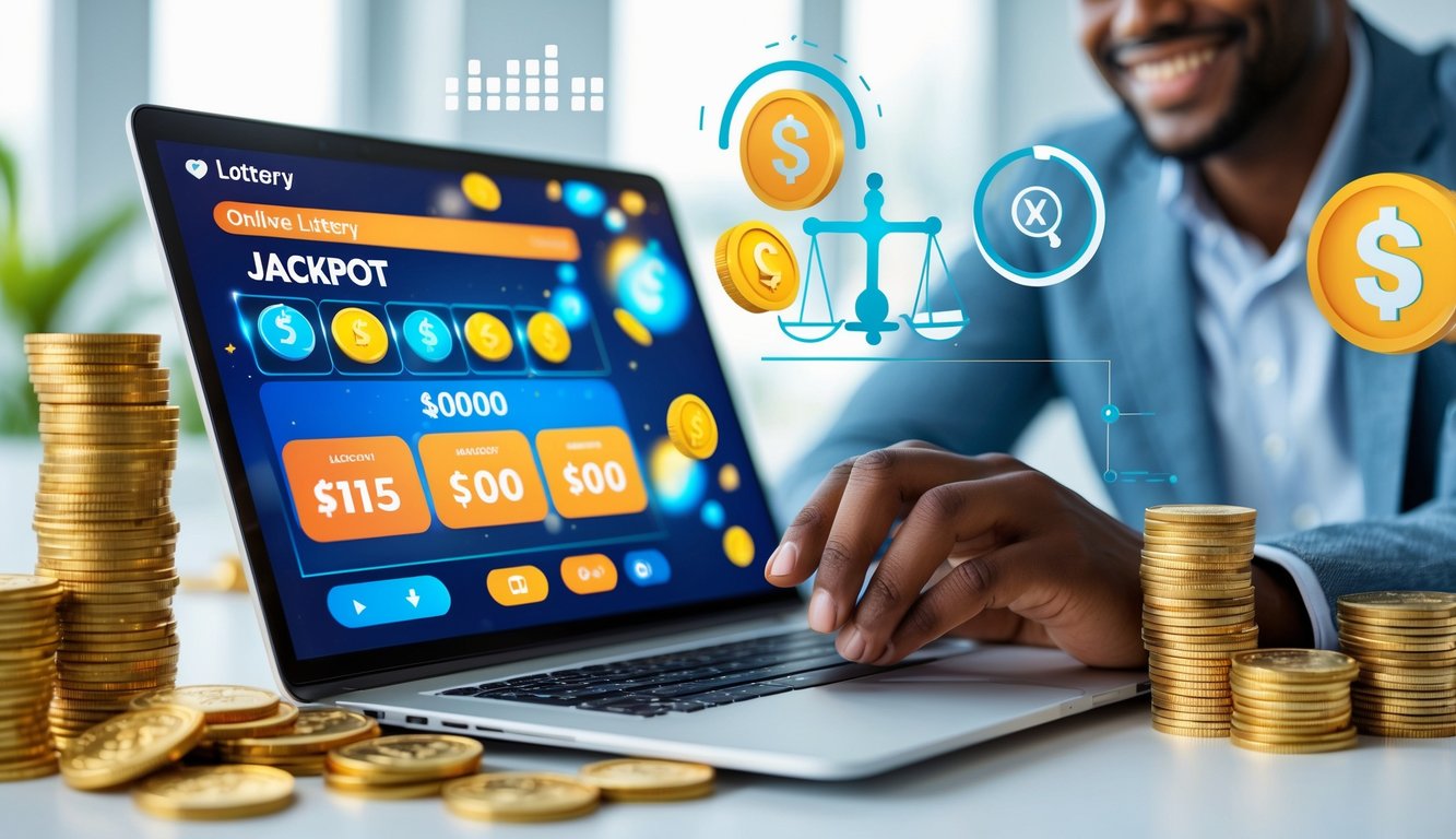 Seorang profesional tersenyum di depan laptop yang menampilkan antarmuka lotere online dengan simbol uang dan elemen yang menunjukkan sistem permainan yang adil.