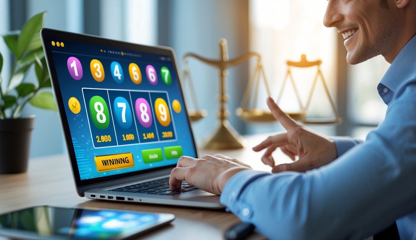 Seseorang menggunakan laptop di meja kerja dengan tampilan angka jackpot togel online di layar.