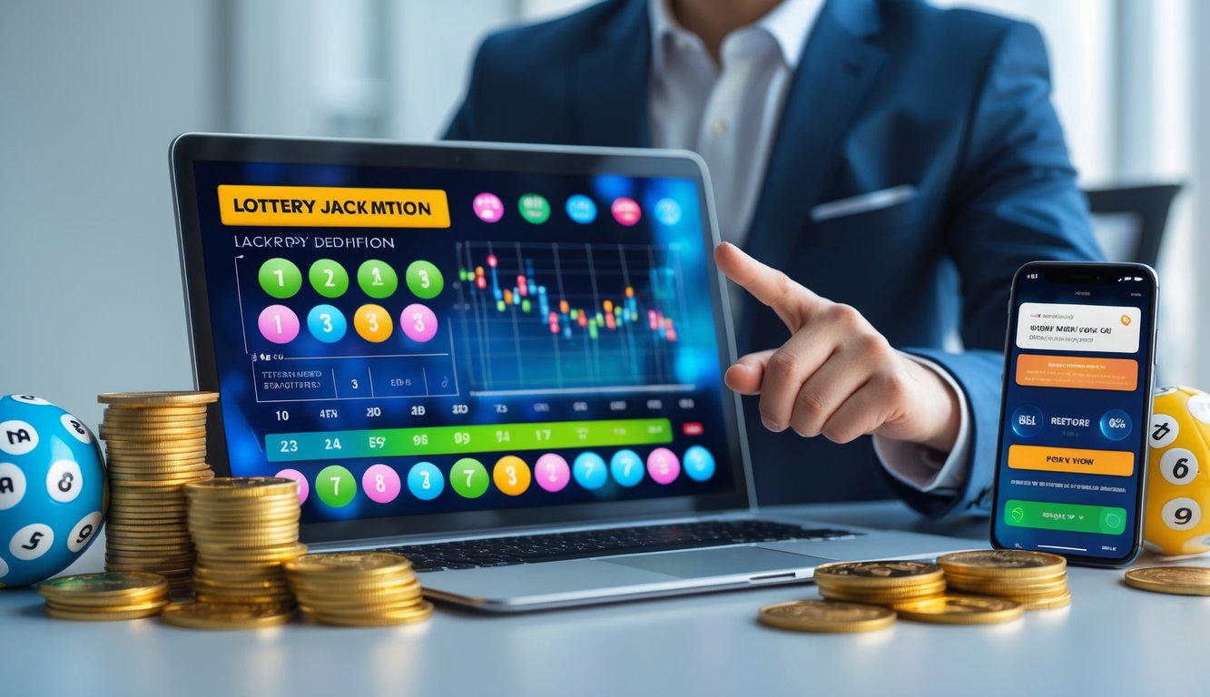 Seseorang menunjuk layar laptop yang menampilkan angka togel dan grafik dengan koin emas dan bola togel di meja kerja.