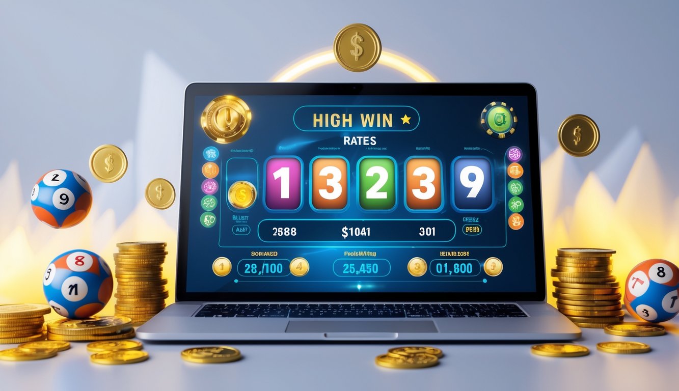 Seseorang menggunakan komputer dengan tampilan angka lotere dan koin emas di sekitarnya.