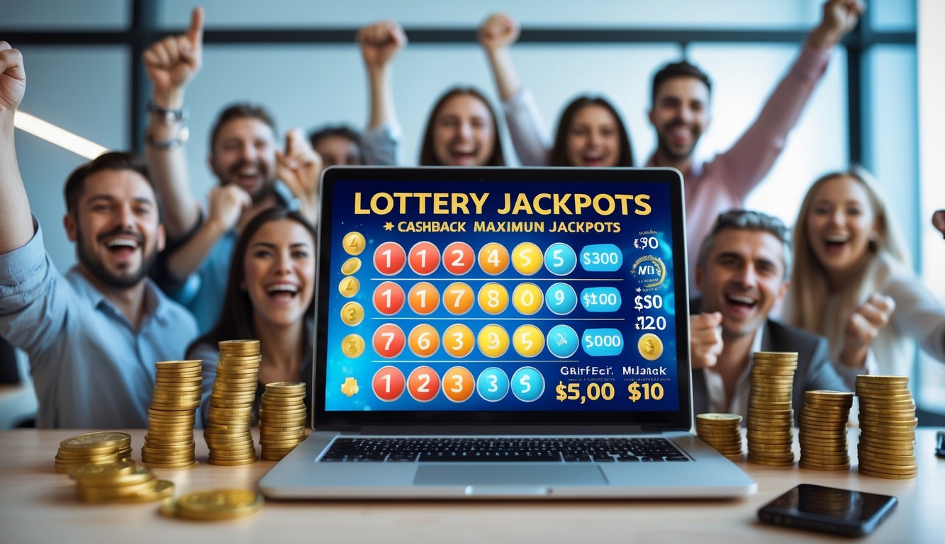 Orang-orang merayakan kemenangan besar dalam permainan togel online dengan perangkat digital di meja kerja modern.