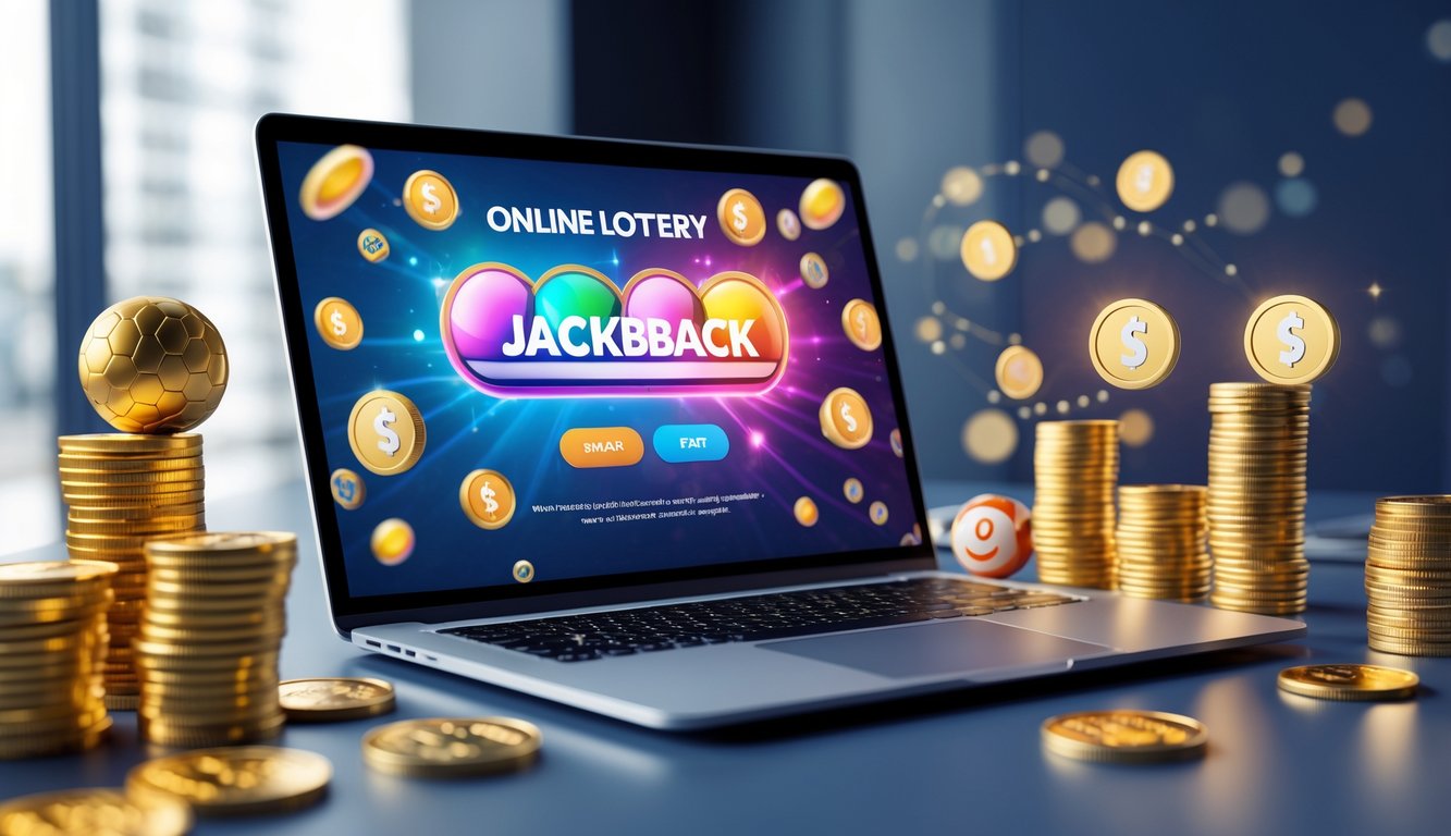 Seorang pengguna laptop di meja kerja dengan koin emas dan bola togel di sekitarnya, menggambarkan suasana kemenangan dan promosi jackpot togel online.