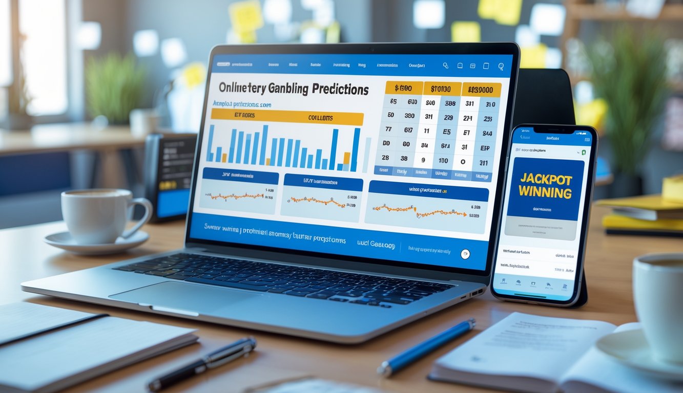 Meja kerja modern dengan laptop dan ponsel yang menampilkan grafik dan notifikasi kemenangan lotre, di ruangan kantor yang terang dan rapi.