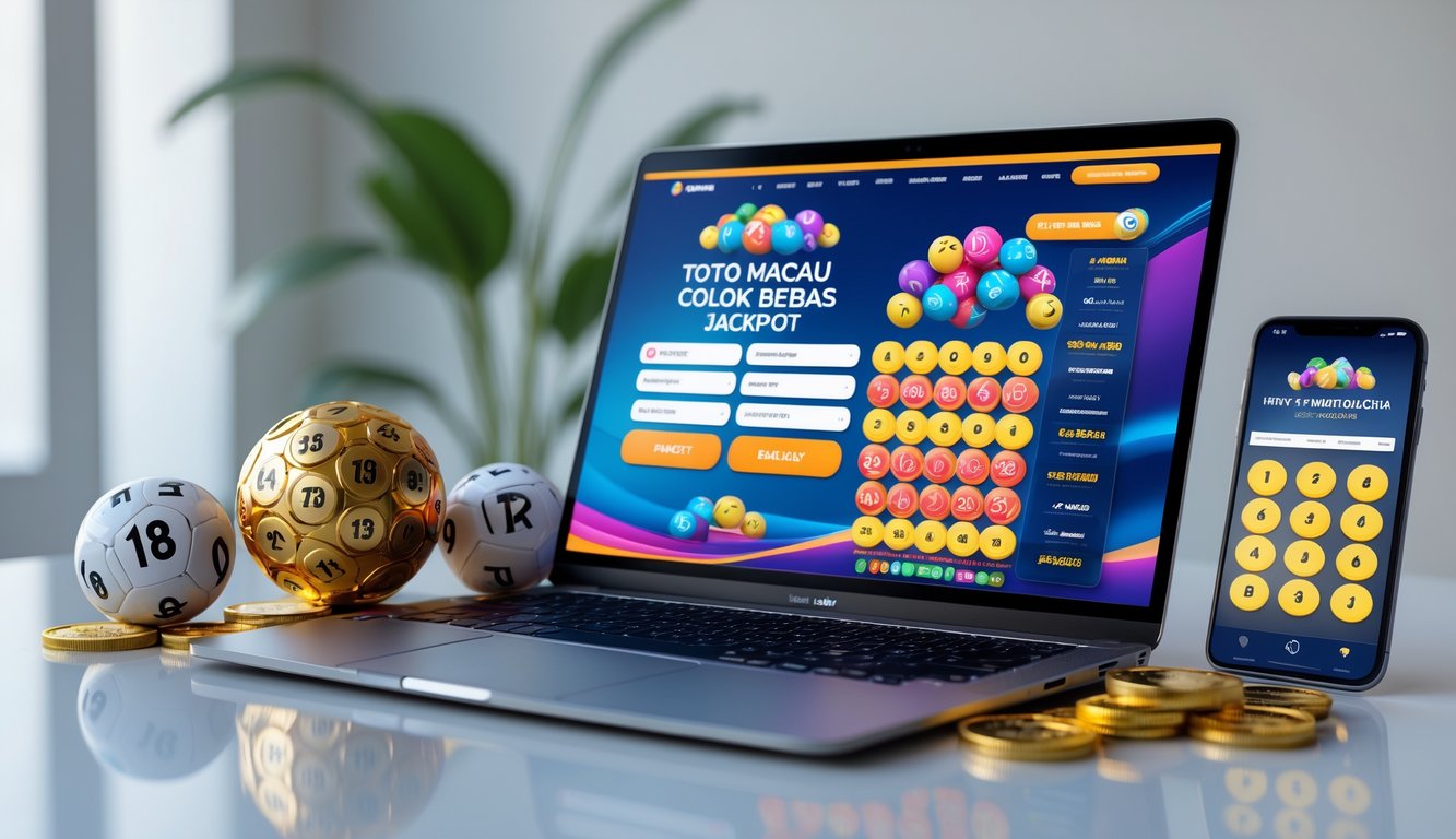 Meja kerja modern dengan laptop dan ponsel menampilkan situs prediksi togel online, dikelilingi bola lotere dan koin emas.