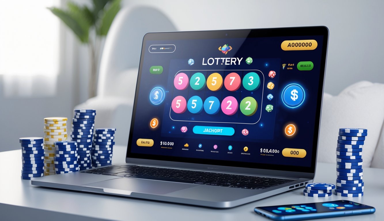 Seorang pria menggunakan laptop dengan tampilan permainan lotere online dan tumpukan chip poker di meja.