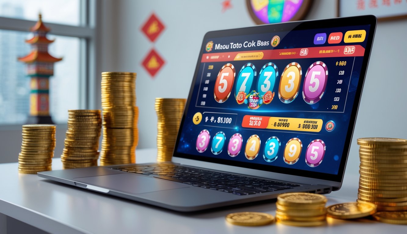 Sebuah laptop di meja kerja menampilkan situs judi online dengan tumpukan uang dan koin di sekitarnya.