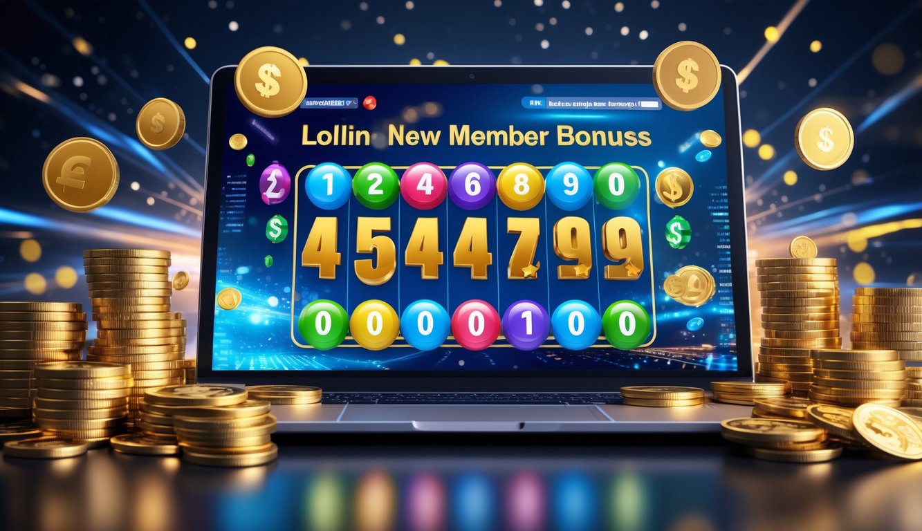 Seseorang menggunakan laptop dengan layar menampilkan angka lotre dan simbol jackpot, dikelilingi oleh tumpukan uang dan koin emas.