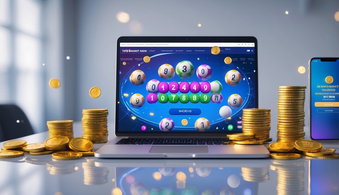 Seorang pria menggunakan laptop di meja kerja dengan koin emas dan bola lotere di sekitarnya, menunjukkan suasana kemenangan dalam permainan judi online.