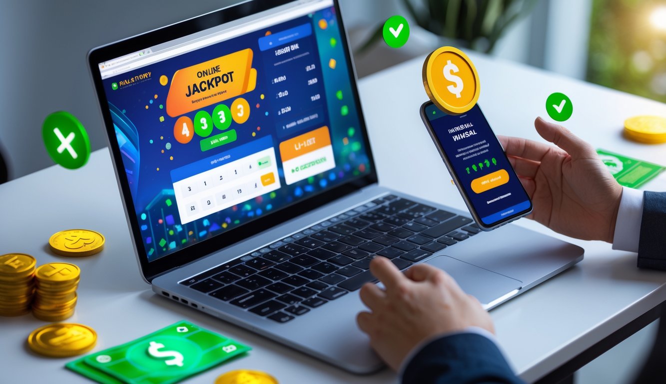 Seseorang menggunakan laptop dan ponsel untuk bermain judi online dengan tampilan kemenangan dan konfirmasi penarikan uang cepat.