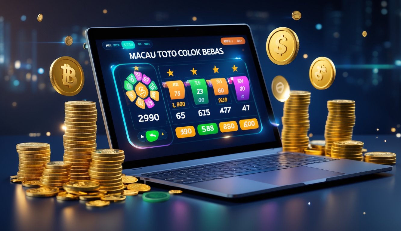 Seseorang menggunakan laptop dengan tampilan layar permainan judi online dan tumpukan uang di sekitar perangkat.