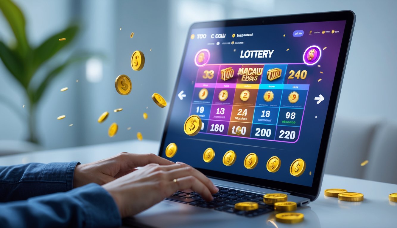 Seseorang menggunakan laptop atau ponsel untuk bermain lotere online dengan tampilan angka dan simbol kemenangan di layar.