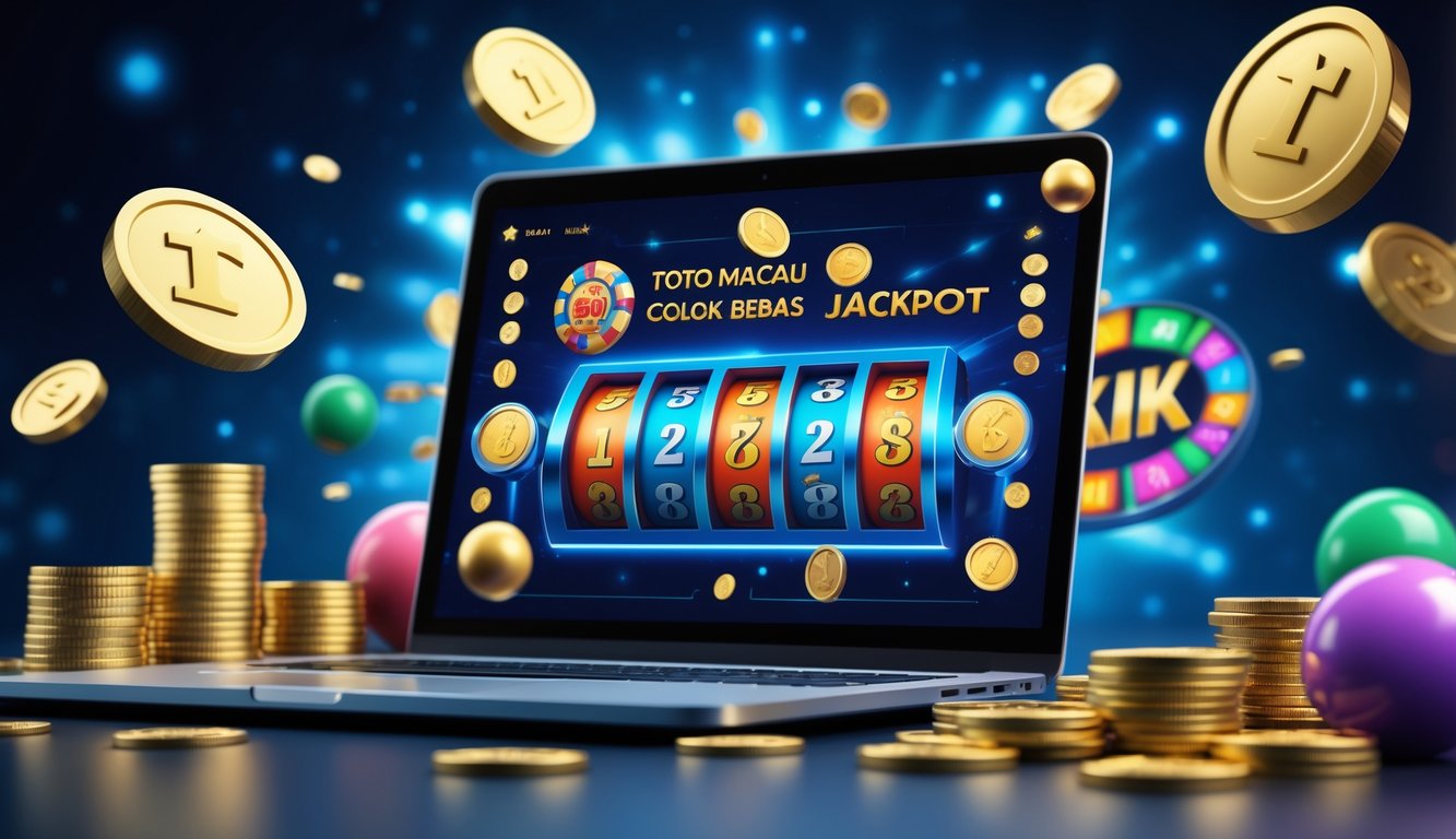 Meja kerja modern dengan laptop menampilkan antarmuka taruhan online, dikelilingi oleh koin emas dan bola lotre yang melambangkan keberuntungan dan kemenangan.