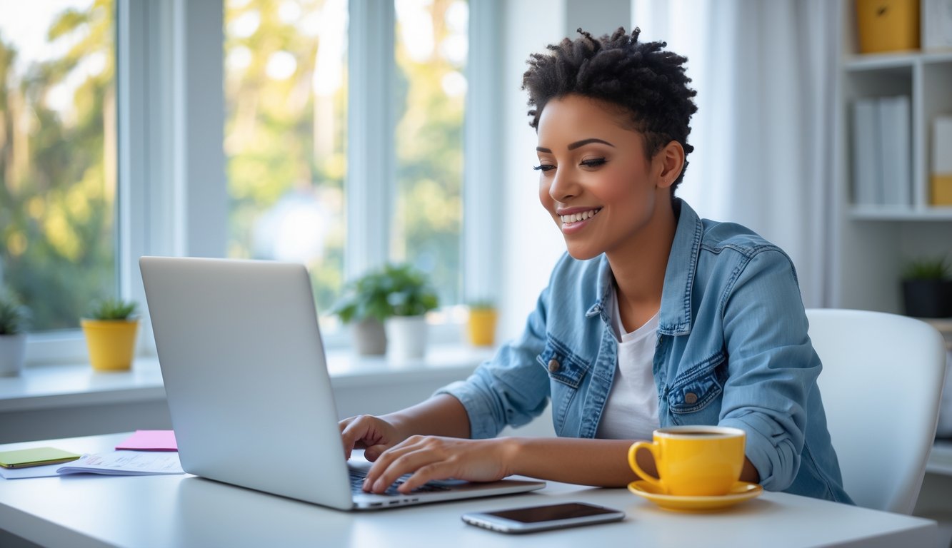 Seseorang muda duduk di meja kerja dengan laptop, terlihat fokus dan tersenyum di ruang kerja rumah yang terang.