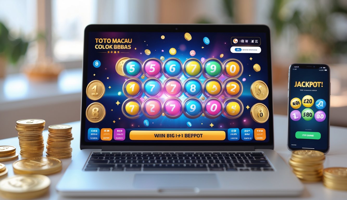 Meja kerja dengan laptop yang menampilkan permainan lotere online, dikelilingi koin emas dan bola lotere, menggambarkan suasana permainan Toto Macau Colok Bebas.