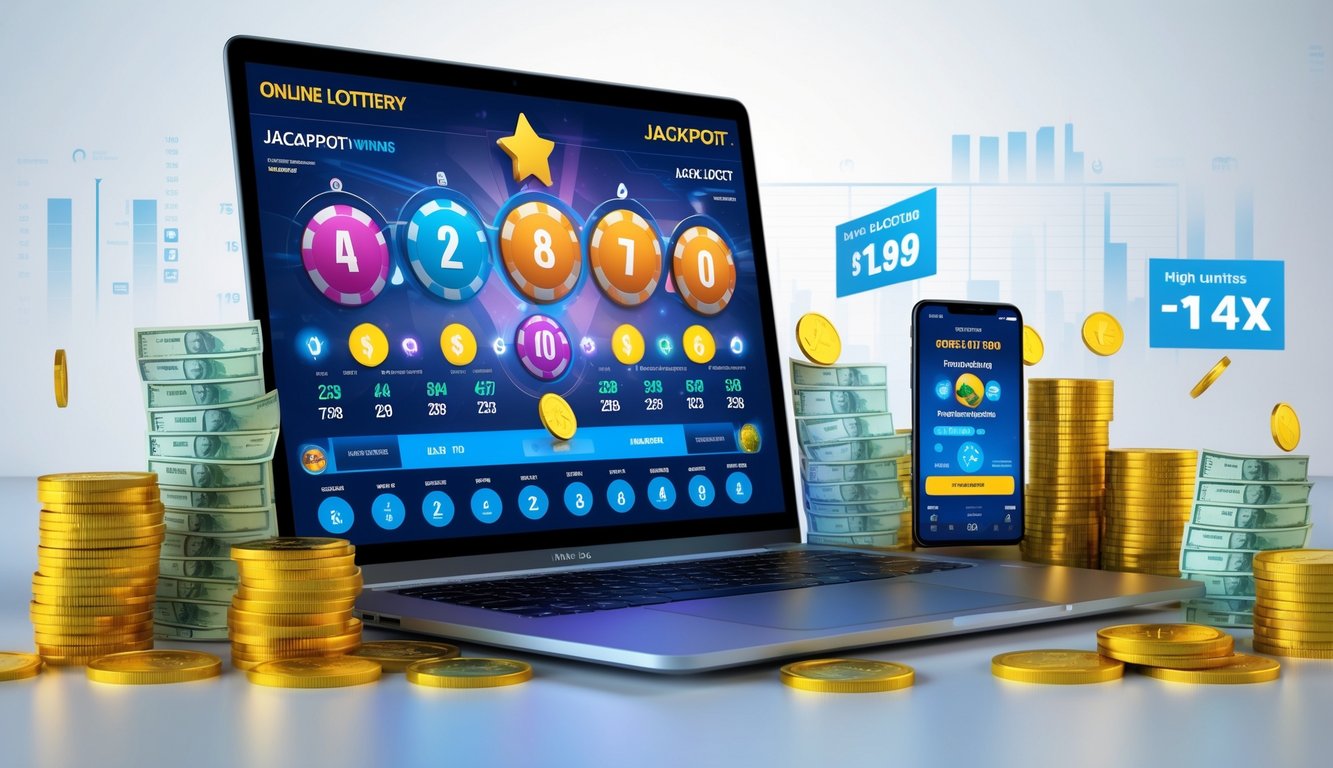 Seorang pria menggunakan laptop dengan tampilan situs togel online, dikelilingi oleh tumpukan uang dan koin emas.