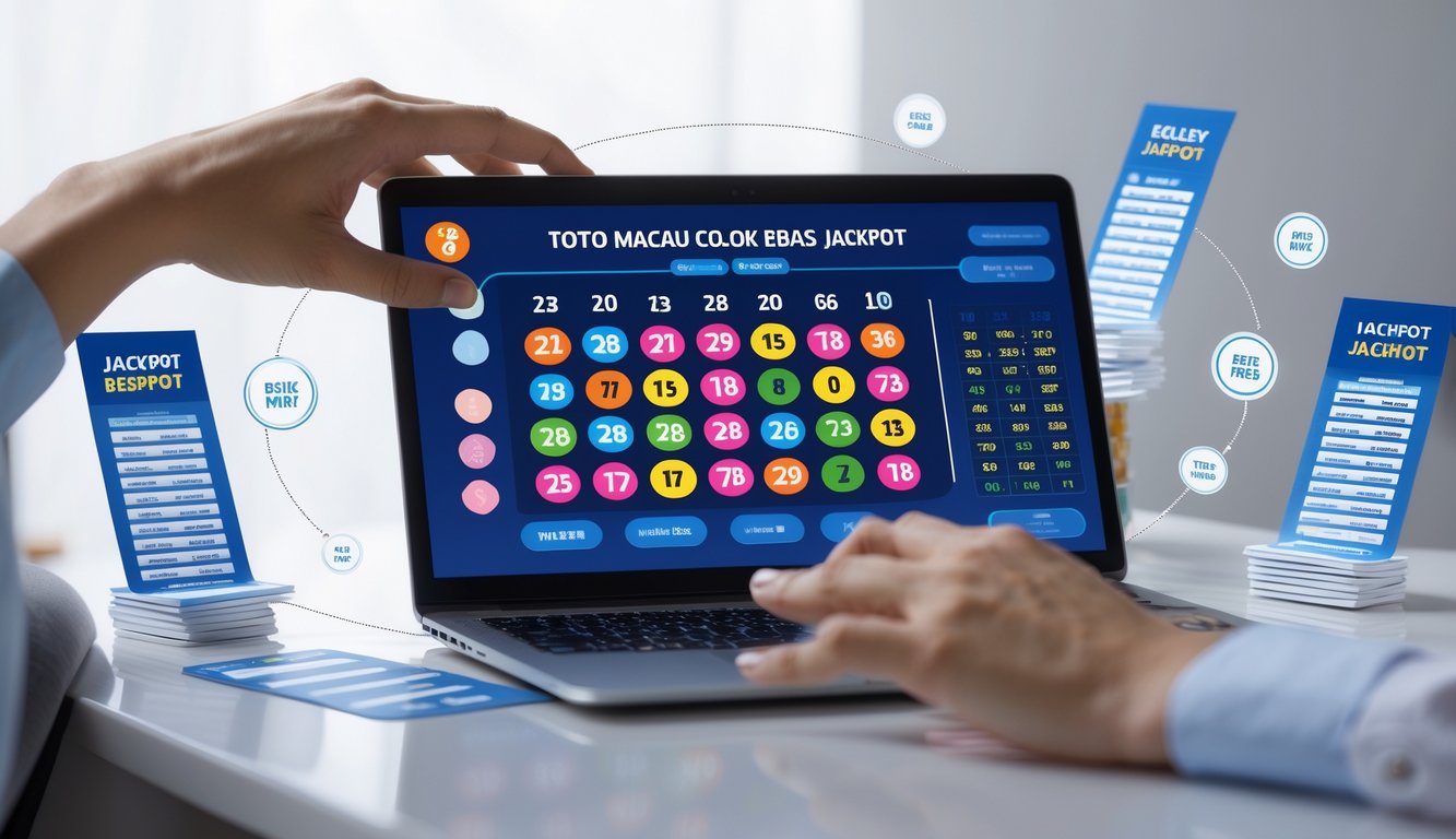 Seseorang menggunakan laptop atau ponsel untuk bermain togel online dengan tampilan angka dan hasil jackpot di layar.
