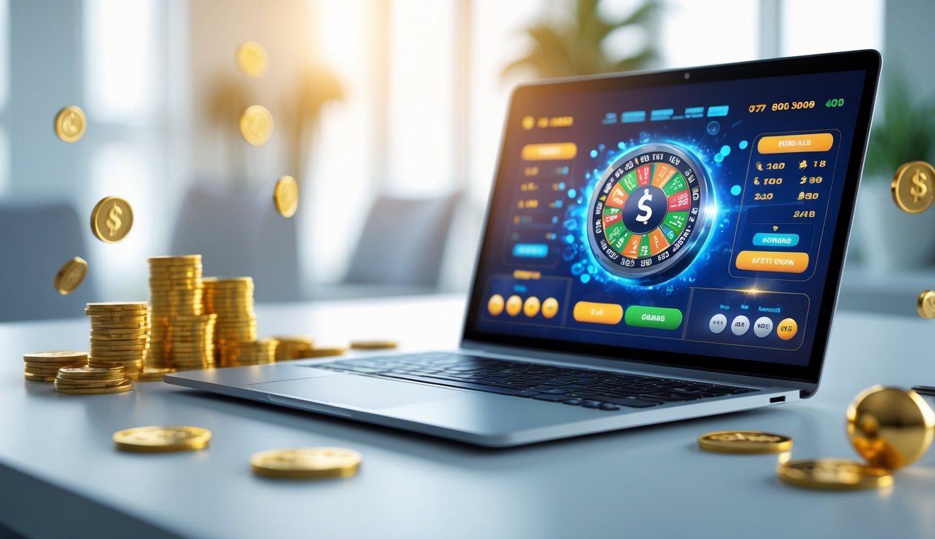 Seorang pengguna duduk di depan laptop dengan tampilan permainan lotere dan jackpot online, dikelilingi oleh koin emas dan bola lotere.