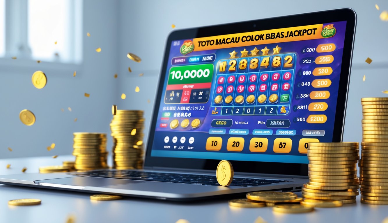 Seseorang menggunakan laptop dengan tampilan permainan lotere online dan tumpukan koin emas di meja.