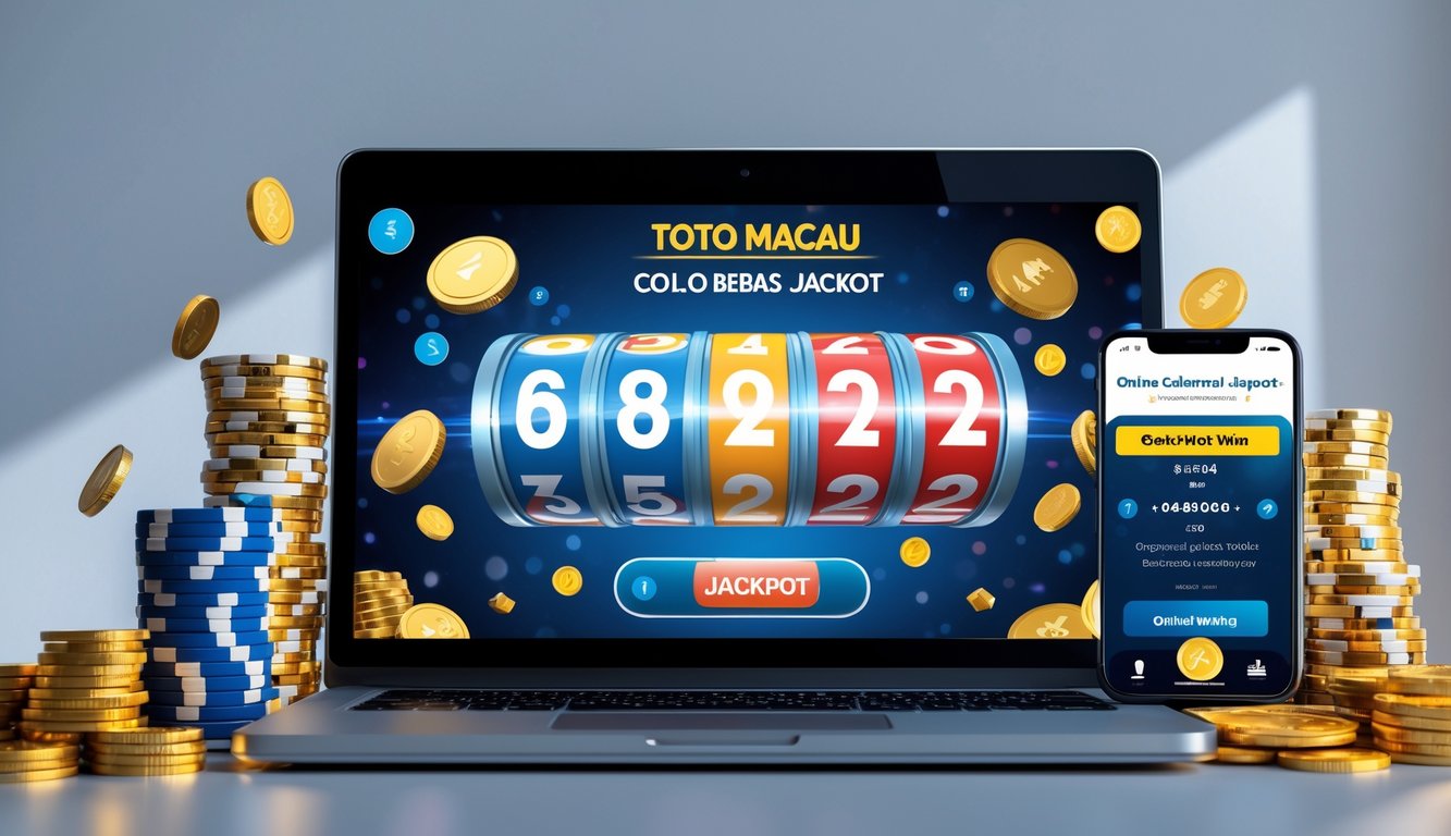 Seorang pria menggunakan laptop dengan tampilan situs judi online dan tumpukan chip poker serta koin emas di meja, menunjukkan suasana kemenangan jackpot.