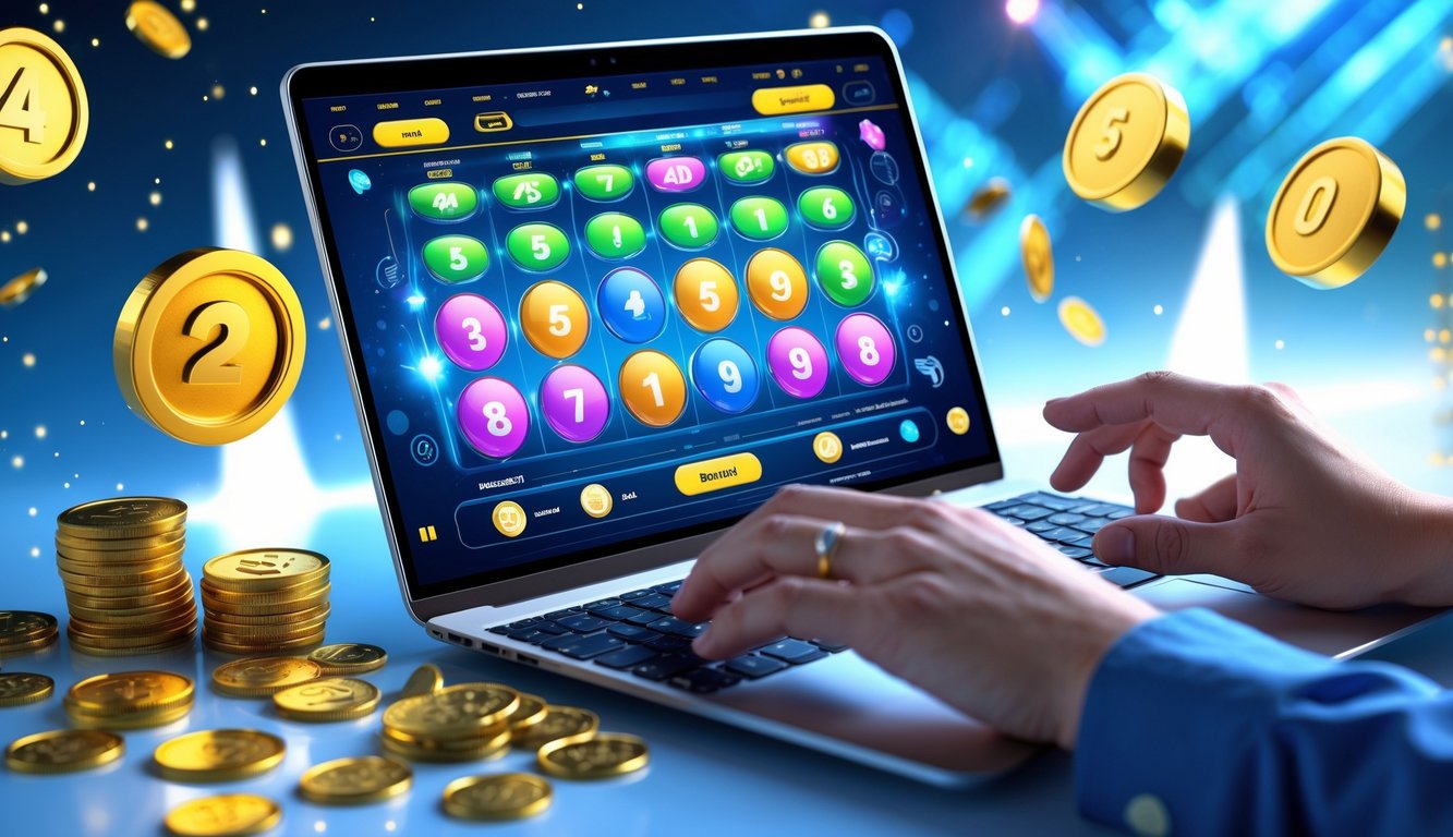 Seorang pemain menggunakan komputer dengan tampilan permainan lotere online dan koin emas di sekitarnya.