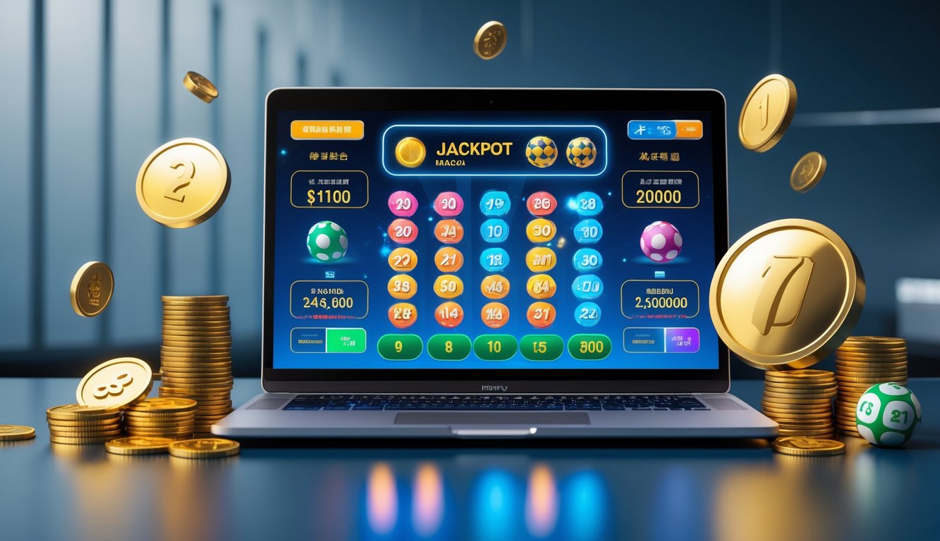 Seorang pengguna komputer dengan layar menampilkan permainan togel online dan ikon jackpot serta koin emas di sekitarnya.