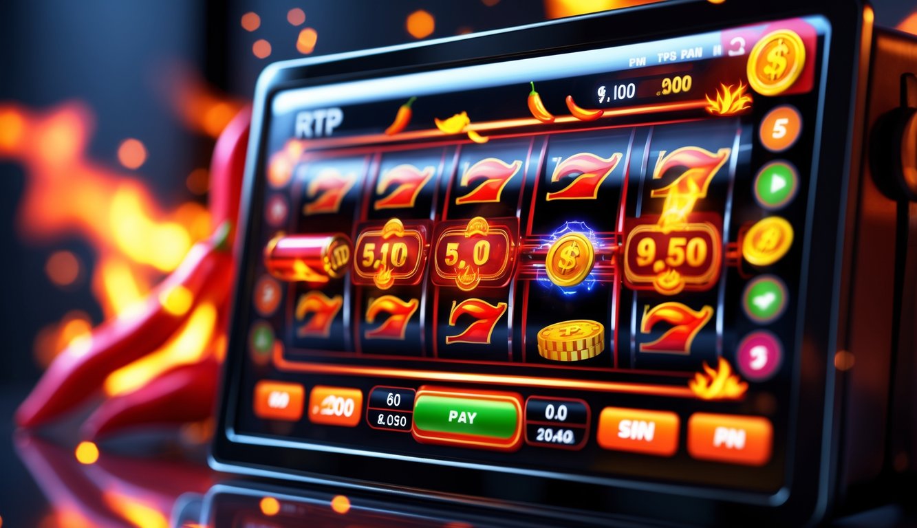 Tampilan mesin slot online dengan tema cabai dan api, menunjukkan suasana kemenangan dan kemenangan besar.