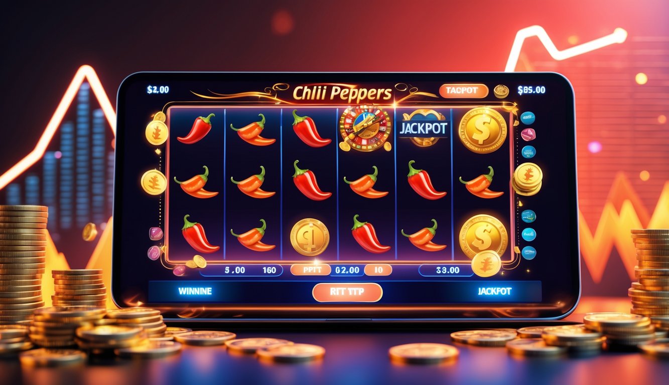 Layar perangkat menampilkan permainan slot online dengan simbol cabai dan koin emas, menunjukkan suasana kemenangan dan keberuntungan.