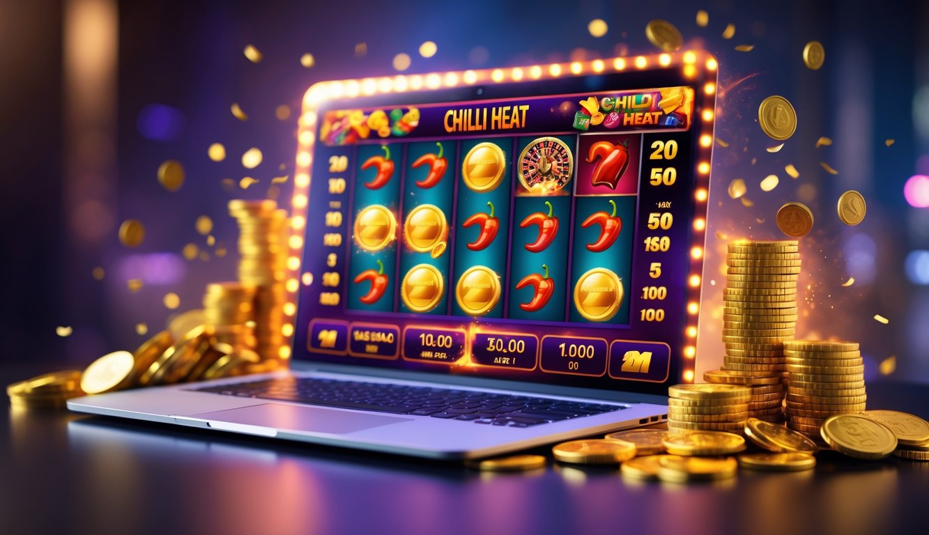 Sebuah layar komputer menampilkan permainan slot online dengan simbol cabai dan koin emas, dikelilingi tumpukan chip kasino dan koin, menciptakan suasana kemenangan dan kegembiraan.
