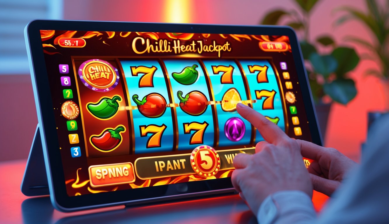 Tampilan mesin slot online dengan simbol cabai merah dan jackpot, tangan seseorang sedang menyentuh layar perangkat.