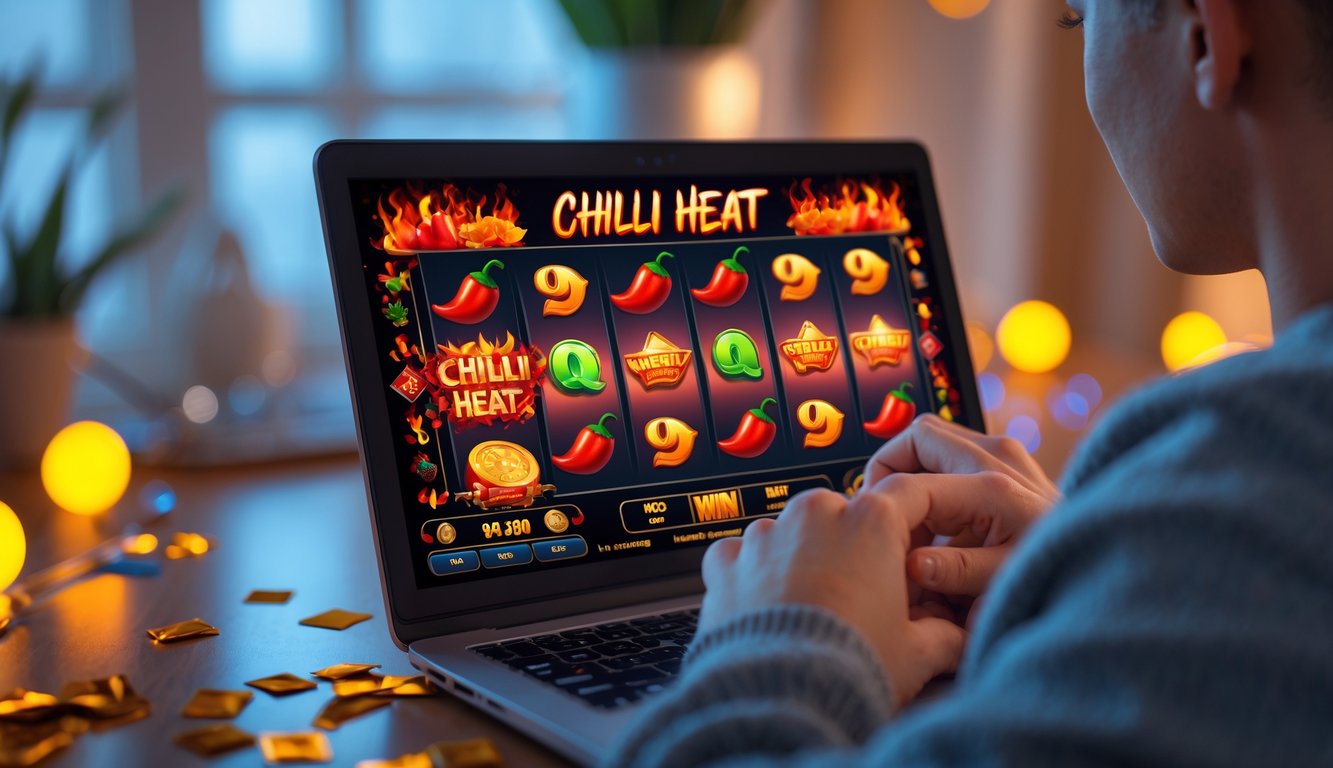 Seseorang sedang bermain permainan slot online bertema cabai dengan layar digital yang menampilkan simbol kemenangan dan jackpot.