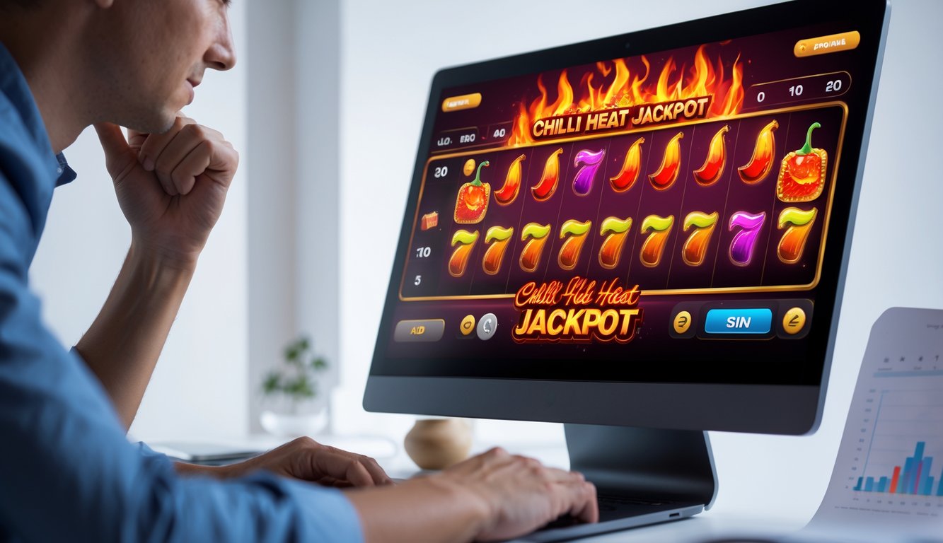 Seorang pemain sedang fokus menggunakan komputer untuk bermain slot online dengan simbol cabai dan jackpot di layar.