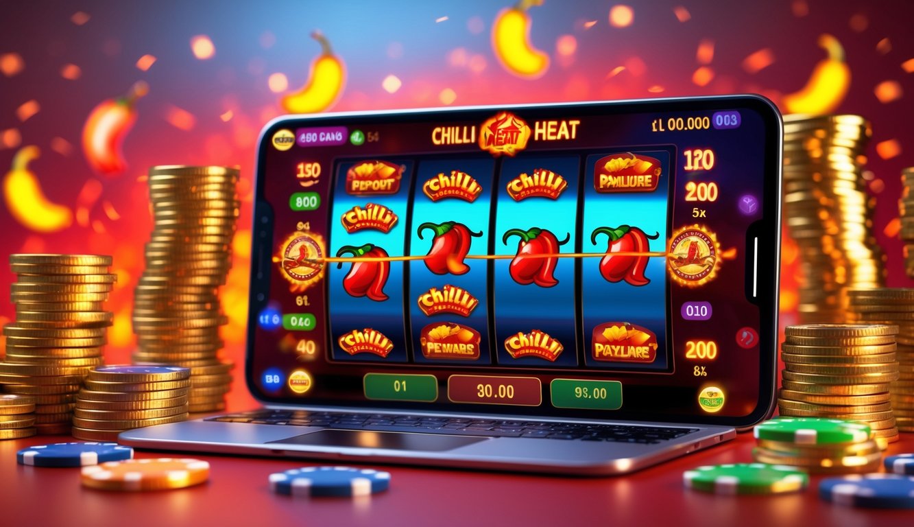 Layar permainan slot online dengan simbol cabai merah, koin emas, dan chip poker di latar belakang merah dan oranye.