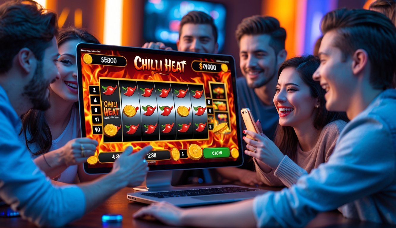 Sekelompok orang muda sedang bermain permainan slot online dengan antusias di laptop dan ponsel, latar belakang lounge permainan dengan lampu lembut dan suasana bersemangat.