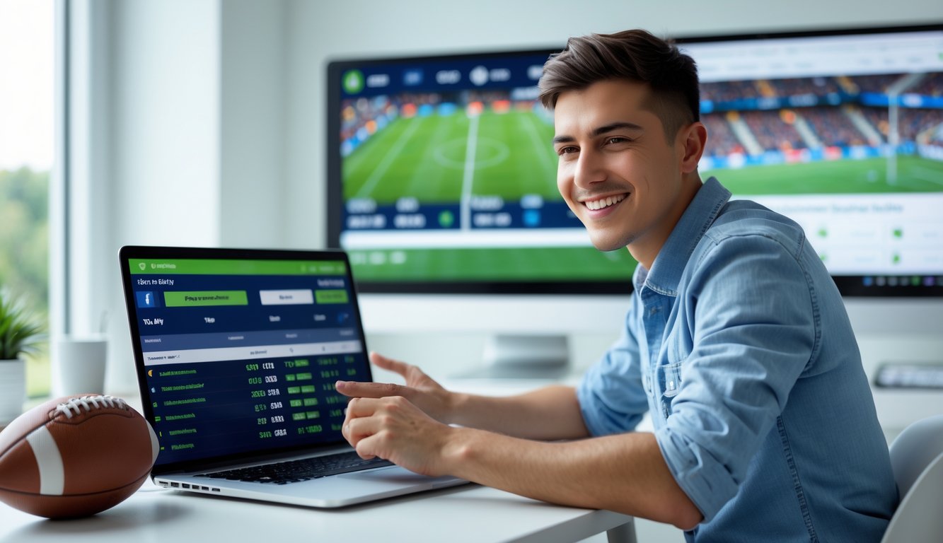 Seorang pria muda duduk di depan laptop yang menampilkan situs taruhan sepak bola dengan pertandingan langsung di latar belakang.