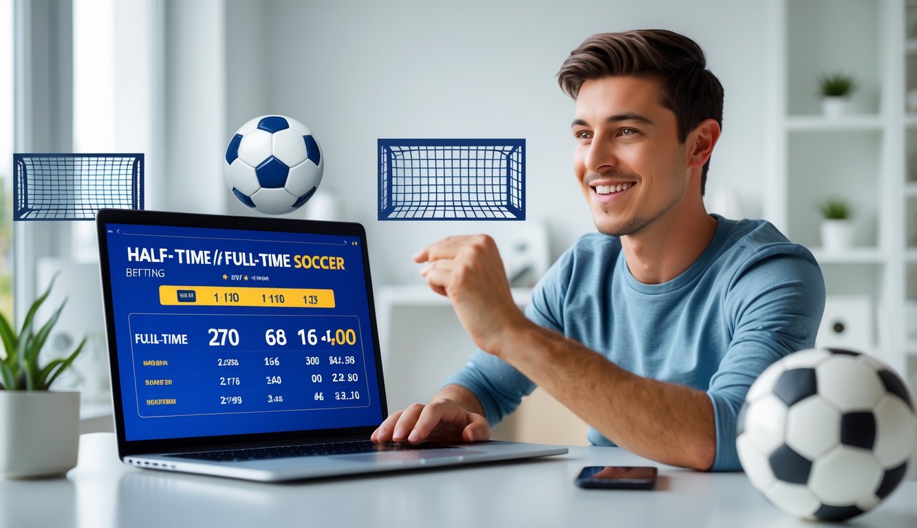 Seorang pria muda duduk di depan laptop yang menampilkan statistik dan peluang taruhan sepak bola, dengan latar ruang kerja modern yang terang dan elemen sepak bola digital di sekitarnya.