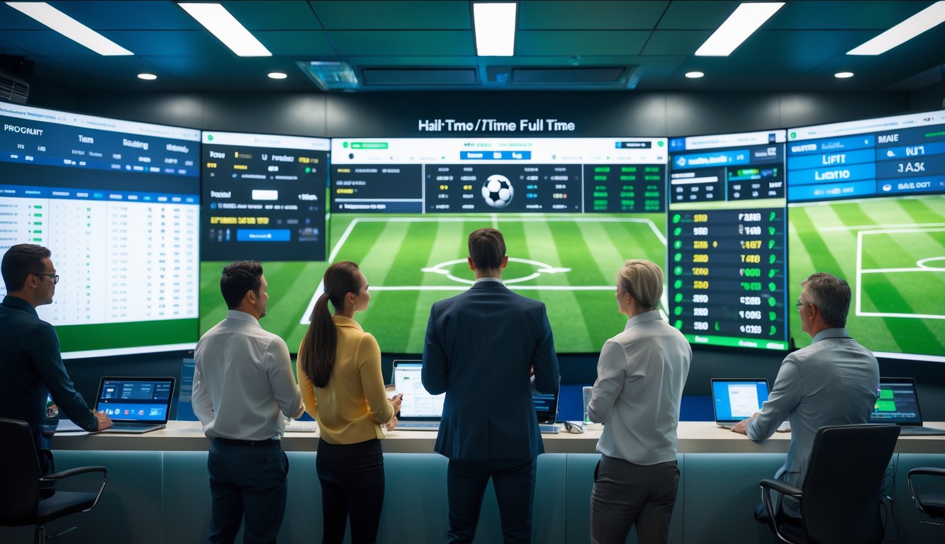 Beberapa orang sedang menggunakan perangkat digital untuk melihat statistik dan peluang taruhan sepak bola secara online.