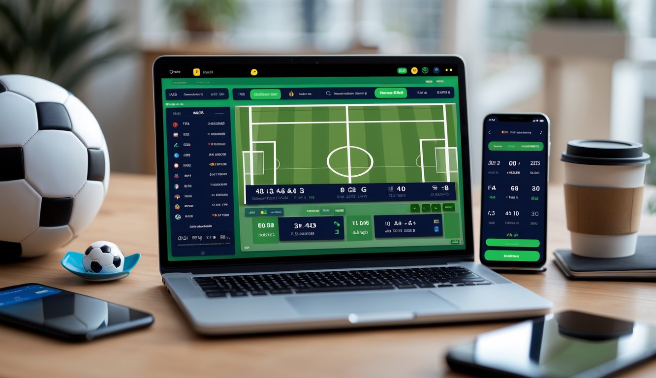 Meja kerja dengan laptop yang menampilkan statistik pertandingan sepak bola, bola sepak di samping, dan ponsel dengan aplikasi taruhan olahraga, suasana nyaman dan profesional.