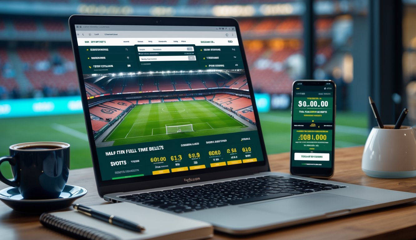 Seorang pria menggunakan laptop dan ponsel untuk memasang taruhan sepak bola online di meja kerja dengan latar belakang layar yang menampilkan pertandingan sepak bola.