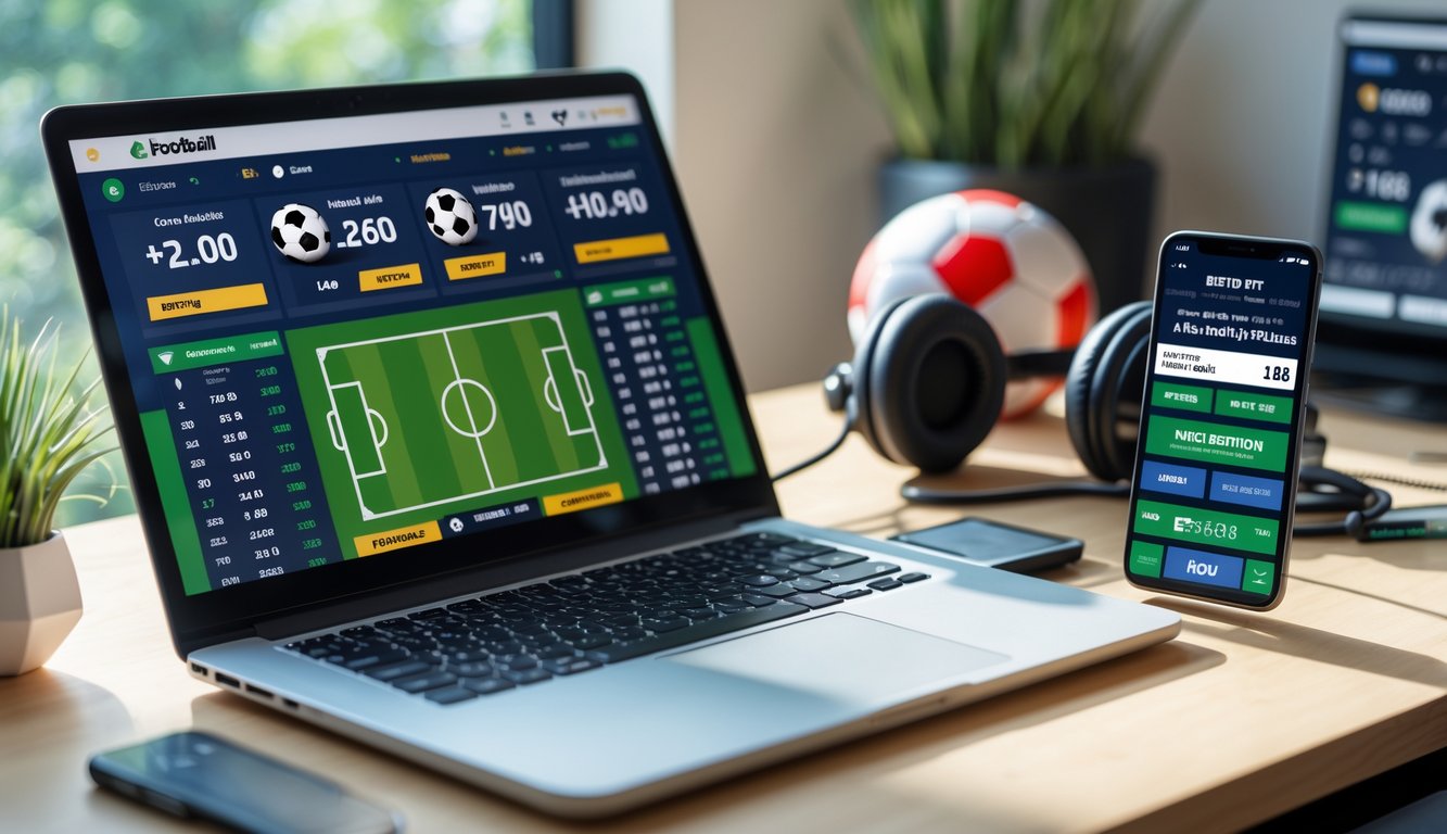 Meja kerja modern dengan laptop dan ponsel yang menampilkan statistik pertandingan sepak bola dan aplikasi taruhan online.