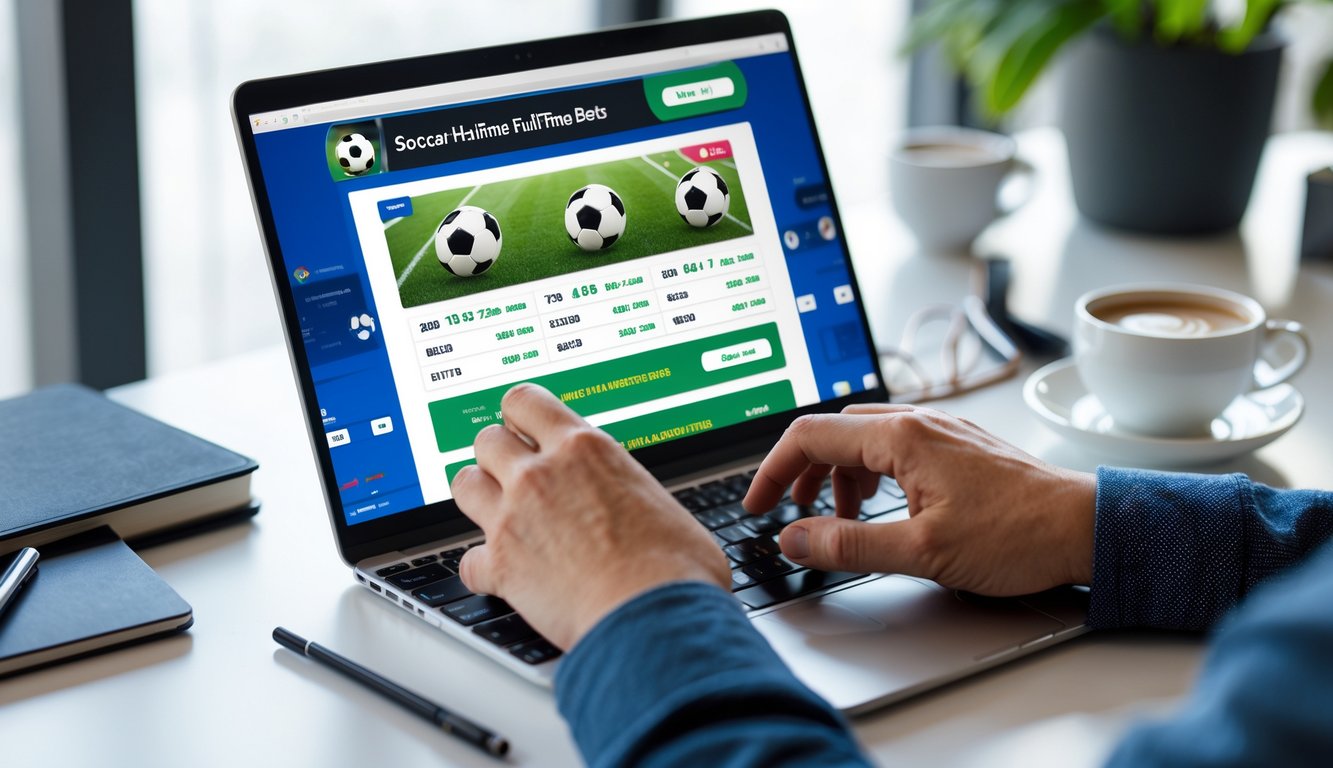 Seseorang menggunakan laptop atau ponsel untuk memasang taruhan sepak bola online di meja kerja yang rapi dengan secangkir kopi.