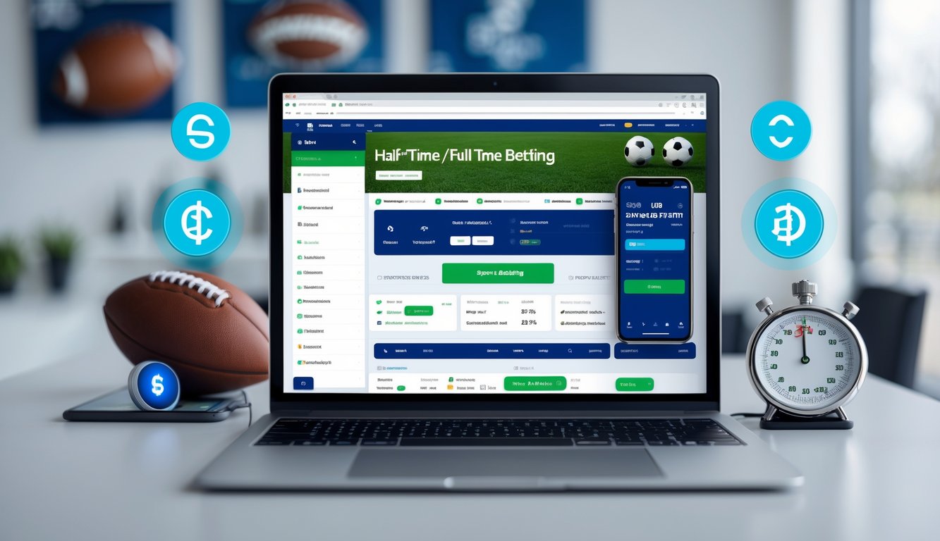 Seorang pengguna sedang melihat layar komputer dengan tampilan situs taruhan olahraga online, dikelilingi oleh ikon transaksi digital dan ponsel yang menunjukkan notifikasi berhasil, dengan latar belakang ruang kerja yang rapi dan pernak-pernik olahraga.