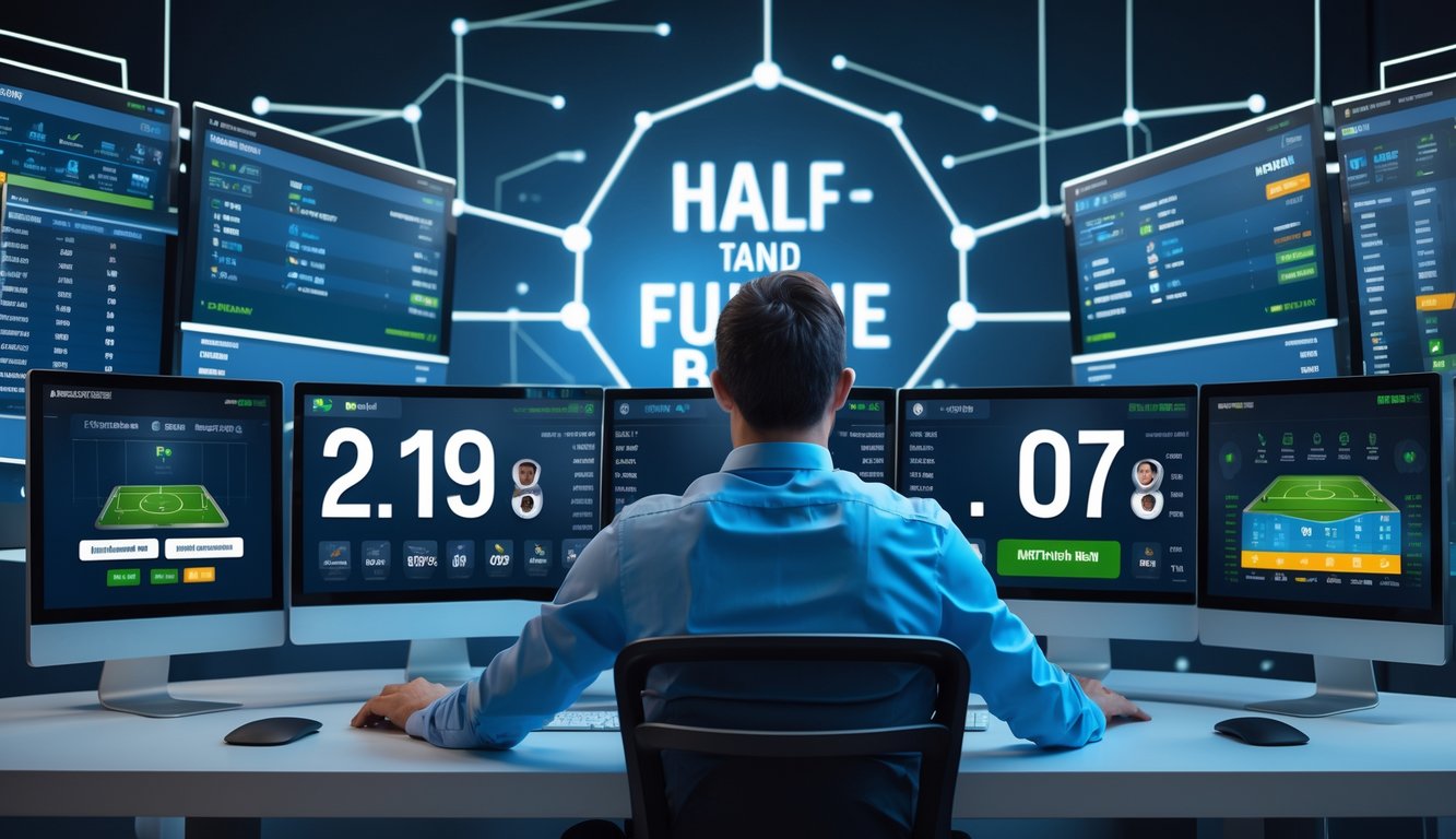 Seorang pria di depan beberapa monitor komputer yang menampilkan statistik pertandingan sepak bola dan peluang taruhan, sedang menganalisis data dalam suasana kerja yang modern.