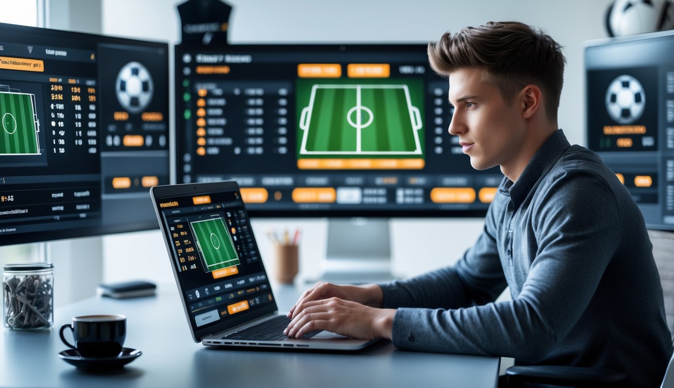 Seorang pria muda fokus bekerja di depan laptop dengan layar menampilkan statistik pertandingan sepak bola dan data taruhan, di ruang kerja modern dengan beberapa monitor besar di latar belakang.